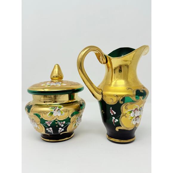 Murano Style Sugar Bowl and Creamer Pitcher Glass Hand Painted Green and Gold - Picture 4 of 8